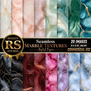 May include: A collection of 20 seamless digital marble textures featuring various colors including white, pink, green, teal, black, burgundy, magenta, purple, and blue, all accented with gold veins. Text reads: REXSEN RS STUDIO Seamless MARBLE TEXTURES Digital Paper 20 IMAGES 12 x 12 IN 300 DPI COMMERCIAL USE.