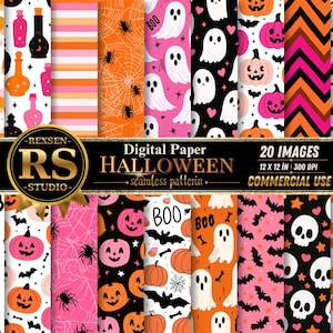 May include: A collection of 20 digital paper seamless patterns featuring Halloween themes including ghosts, pumpkins, skulls, bats, spiders, and candy corn in orange, pink, black, and white. The central text reads REXSEN RS STUDIO Digital Paper HALLOWEEN seamless pattern 20 IMAGES 12 X 12 IN 300 DPI COMMERCIAL USE.