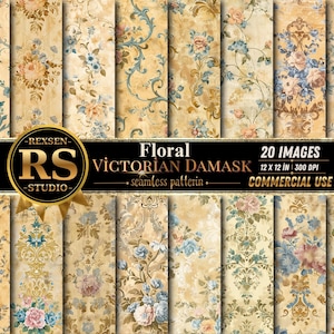 May include: A collection of 20 floral Victorian damask images. The designs feature a seamless pattern with a vintage aesthetic. The color palette includes beige, blue, and pink tones. The images are 12 x 12 inches and are for commercial use.