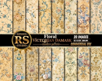 Victorian Floral Damask Digital Paper JPG, 20 Vintage Rococo Seamless Patterns, Elegant Scrapbook Backgrounds