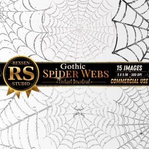 May include: A digital art image featuring multiple spider webs in shades of gray and silver against a white background. The image includes the text "Gothic Spider Webs" and "15 Images 5 x 5 in 300 DPI Commercial Use".