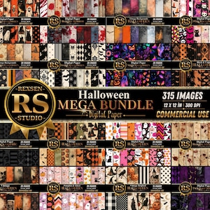 Può includere: Un mega pacchetto di carta digitale con 315 immagini a tema Halloween, ciascuna di 30,48 x 30,48 cm a 300 DPI. La collezione include vari motivi come zucche, fantasmi, teschi, pipistrelli, gatti e texture vintage in arancione, nero, rosa e neon.