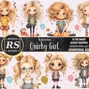 Quirky Girl Clipart, Commercial Use, Cute Whimsical Girl, 300 DPI JPGs, Instant Download, Cute Doll, DIY Journal, Blonde Girl Clipart