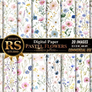 Puede incluir: Una colección de 20 papeles digitales con patrones continuos que presentan ilustraciones en acuarela de flores pastel sobre fondos blancos. La imagen incluye el texto REXSEN RS STUDIO, Digital Paper PASTEL FLOWERS, 20 IMAGES, 12 x 12 IN, 300 DPI.