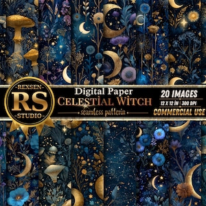 May include: A collection of 20 digital paper seamless patterns featuring celestial and botanical motifs. The designs include golden crescent moons, stars, mushrooms, and various flowers in shades of deep blue, purple, and gold. Text reads REXSEN RS STUDIO.