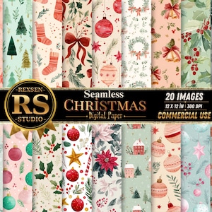Op de afbeelding: Een collectie van 20 naadloze digitale papierontwerpen met kerstmotieven in aquarel, waaronder dennenbomen, kerstsokken, rode strikken, kerstballen, hulst, klokken, kerststerren, sterren en winterhuisjes op diverse pastelkleurige achtergronden.