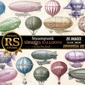 Puede incluir: Una colección digital de 20 ilustraciones de dirigibles y globos aerostáticos de estilo vintage en varios colores, incluyendo azul, verde, rosa y morado. La imagen contiene el texto REXSEN RS STUDIO, Steampunk AIRSHIPS BALLOONS, 20 IMAGES, 5 x 5 in, 300 DPI y Instant Download.
