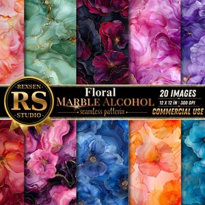Puede incluir: Una colección de arte digital con 20 diseños florales de mármol alcohol. Las imágenes muestran una variedad de patrones sin costuras y coloridos con detalles dorados. La paleta de colores incluye tonos de rosa, morado, azul, naranja y verde. El texto dice "Floral Marble Alcohol".