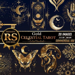 Könnte beinhalten: Eine Sammlung goldener Tarot-Bilder auf dunklem Hintergrund. Die Bilder zeigen einen Schlüssel, Fisch, Sonne, Mond, Hand, Schmetterling und Ziege. Der Text auf dem Bild lautet "Gold Celestial Tarot" und "20 Images".