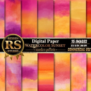 Könnte beinhalten: Eine Sammlung von 15 digitalen Papieren mit nahtlosen Aquarell-Sonnenuntergangsmustern. Der Text lautet REXSEN RS STUDIO, Digital Paper, WATERCOLOR SUNSET, seamless pattern, 15 IMAGES, 12 X 12 IN, 300 DPI, COMMERCIAL USE. Die Hintergründe zeigen Farbverläufe in Pink, Orange und Gelb.