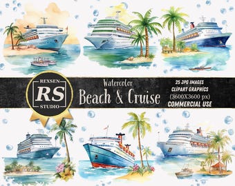 Watercolor Beach Cruise Clipart PDF, 25 Summer Travel Ocean Tropical Vacation Graphics
