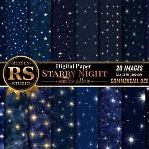 May include: A collection of 20 digital paper sheets featuring seamless starry night patterns in shades of dark blue and navy with gold and white star accents. The text reads REXSEN RS STUDIO Digital Paper STARRY NIGHT 20 IMAGES 12 X 12 IN 300 DPI.