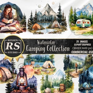 Watercolor Camping Collection Clipart, 25 PNG Mountain Landscape Clipart, Campsite Illustrations, Tent, Campfire, Lake PNG, Commercial Use