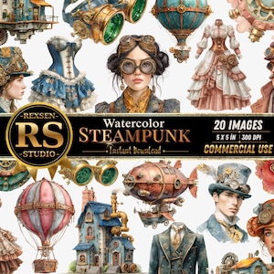 Watercolor Steampunk Clipart PNG Bundle, Fantasy Ephemera Graphics, Victorian Junk Journal Elements Download