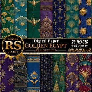 May include: A collection of 20 digital paper seamless patterns titled Golden Egypt by Rexsen Studio. The designs feature gold motifs including scarabs, ankhs, suns, pyramids, and lotus flowers against deep purple, teal, and navy blue textured backgrounds.
