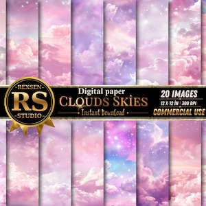 Puede incluir: Una colección de papel digital con cielos nublados en tonos rosa y morado con detalles de estrellas. Una franja negra en el centro muestra el texto REXSEN RS STUDIO, digital paper CLOUDS SKIES, 20 IMAGES, 12 x 12 IN, 300 DPI.