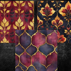 May include: Three digital paper patterns featuring intricate geometric designs in shades of burgundy, gold, and navy blue. The patterns are inspired by traditional Islamic art and would be perfect for use in scrapbooking, card making, or other craft projects.