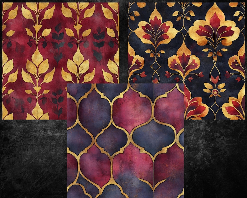 May include: Three digital paper patterns featuring intricate geometric designs in shades of burgundy, gold, and navy blue. The patterns are inspired by traditional Islamic art and would be perfect for use in scrapbooking, card making, or other craft projects.