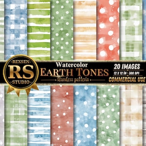 May include: A collection of 20 digital watercolour seamless patterns in earth tones, featuring stripes, polka dots, and plaid designs. The image includes a black banner with the text REXSEN RS STUDIO, Watercolour EARTH TONES, 20 IMAGES, 12 x 12 IN, 300 DPI, and COMMERCIAL USE.