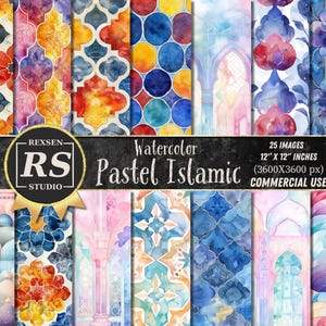 Watercolor Pastel Islamic Digital Paper - seamless Arabian printable digital backgrounds for commercial use