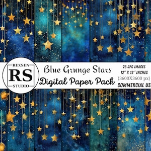 Blaues Grunge-Sterne-Digitalpapier, goldene Sternennacht-Digitalpapiere, bedruckbares Scrapbook-Papier, Sternenzauber-Fantasie-Texturpaket