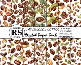 Watercolor Coffee Digital Paper, seamless coffee bean printable textures printable scrapbook paper