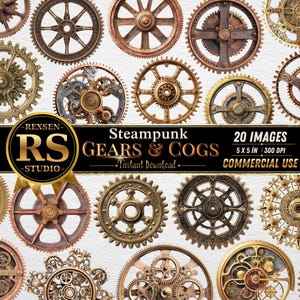Peut inclure: Une collection de vingt engrenages et roues dentées steampunk dans diverses finitions métalliques, notamment bronze, or et cuivre. Une bannière noire centrale porte le texte REXSEN RS STUDIO Steampunk GEARS & COGS 20 IMAGES 5 X 5 IN 300 DPI COMMERCIAL USE.