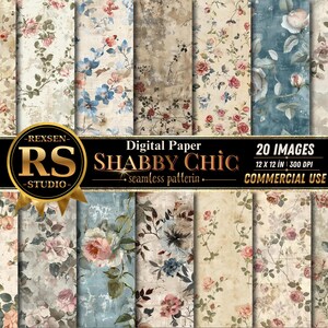 Pode incluir: Uma coleção de 20 imagens de papel digital com um design floral shabby chic. Os papéis apresentam rosas e outras flores em tons de rosa, azul e creme. O texto na imagem diz "Digital Paper Shabby Chic" e "12 x 12 in 300 DPI Commercial Use."