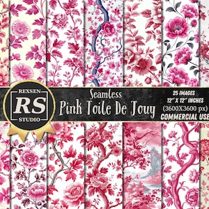 Pink Toile De Jouy Digital Paper, Vintage Floral Patterns, Pink And White Chinoiserie Backgrounds, Digital Scrapbook Paper, French Toile