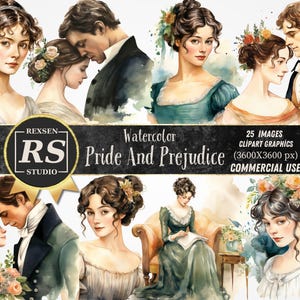 Watercolor Pride and Prejudice Clipart Bundle, Printable Jane Austen Art, Regency PNG, Scrapbook, Junk Journal, Paper Crafts, Scrapbooking