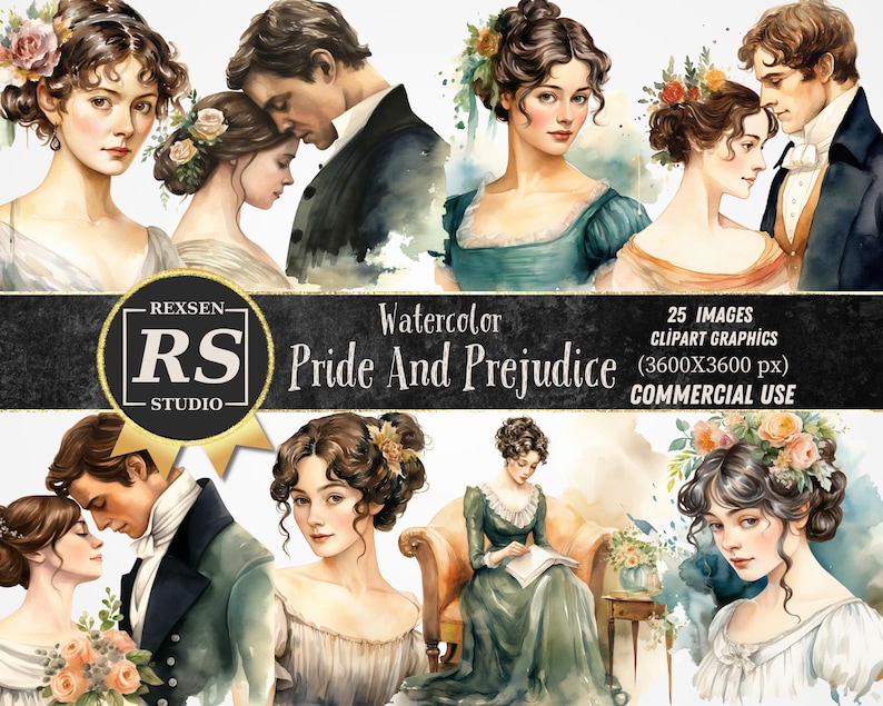 Watercolor Pride and Prejudice Clipart Bundle, Printable Jane Austen ...