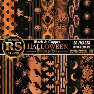 May include: A collection of 20 digital seamless patterns in black and copper featuring Halloween motifs including skulls, pumpkins, witches, spider webs, coffins, keys, bats, ravens, spiders, moons, and fleur-de-lis designs, labeled as 12 x 12 in 300 DPI.