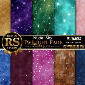 Puede incluir: Una colección de 15 papeles digitales con patrones de cielo nocturno y atardecer en varios colores, incluyendo oro, morado, verde, turquesa, rosa, azul y marrón. Cada hoja muestra motas en forma de estrella y el texto REXSEN RS STUDIO.