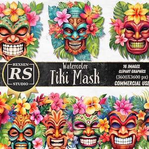 16 Aquarell Tiki Maske Clipart - floral Hawaiian Tiki Clip Art PNG Format sofortiger Download für kommerzielle Nutzung