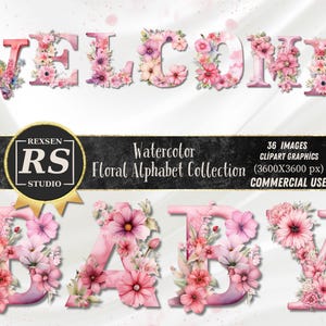 Aquarelle Floral Alphabet Collection Clipart, Clipart Alphabet rose 36 PNG, bébé jalon Clipart, lot de fleurs roses, usage Commercial