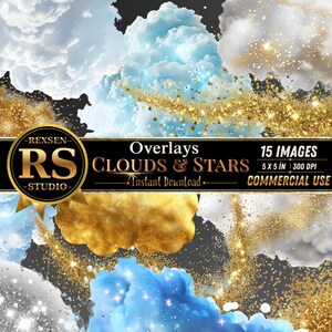 Puede incluir: Una colección digital de 15 superposiciones de nubes y estrellas con texturas de purpurina blanca, azul y dorada. El gráfico incluye el texto REXSEN RS STUDIO, Overlays CLOUDS & STARS, 15 IMAGES, 5 X 5 IN, 300 DPI e Instant Download.