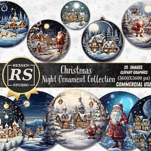 Watercolor Christmas Night Ornament Collection Clipart, 25 PNG Christmas Clipart, Round Ornament PNG, Christmas Village PNG, Commercial Use