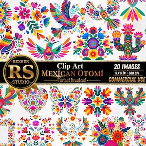 Puede incluir: Una colección de 20 imágenes digitales de clip art coloridas con patrones inspirados en el Otomi mexicano, incluyendo aves, flores, un cactus, una mariposa y un sol, con el texto REXSEN RS STUDIO Clip Art MEXICAN OTOMI 20 IMAGES 5 X 5 IN 300 DPI.