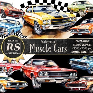 Clipart de Muscle Car en acuarela: Paquete PNG de coches americanos clásicos (descarga digital)