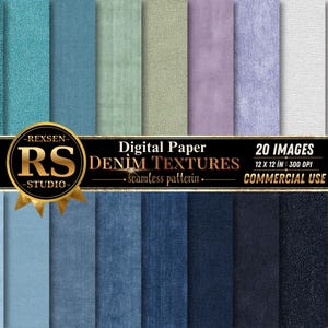 May include: A collection of 20 digital paper denim textures featuring various shades of blue, green, purple, white, and black. The image includes the text REXSEN RS STUDIO Digital Paper DENIM TEXTURES seamless pattern 20 IMAGES 12 x 12 IN 300 DPI.