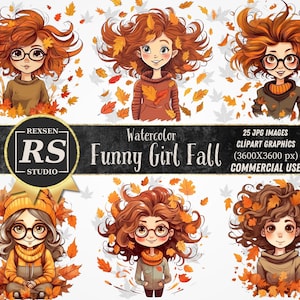 Funny Girl Fall Leaves Autumn 25 PNG Graphics Cartoon illustration clipart, Sublimation Printable, Wall Art
