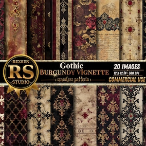 May include: A collection of 20 digital seamless patterns featuring burgundy, black, and cream color palettes. The designs include intricate damask motifs, floral rose patterns, vintage script, and ornate gold filigree with red gemstone accents.