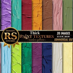 May include: A collection of 20 digital background images featuring thick, impasto paint textures in various colours including black, purple, teal, red, yellow, brown, pink, green, blue, and white, with text reading REXSEN RS STUDIO THICK PAINT TEXTURES.