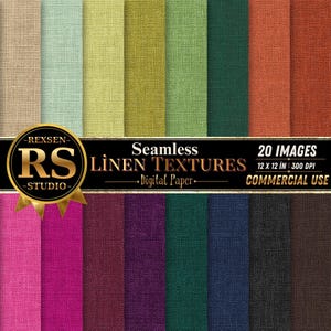 May include: A collection of 20 seamless digital paper linen textures in various colors including beige, green, orange, yellow, pink, purple, blue, and gray. The image features the text REXSEN RS STUDIO Seamless LINEN TEXTURES 20 IMAGES 12 X 12 IN 300 DPI.