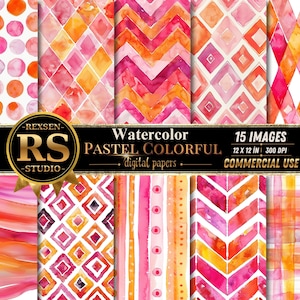 Peut inclure: Une collection de 15 papiers numériques présentant des motifs aquarelle dans des tons rose, orange et jaune. Les motifs incluent des pois, des losanges, des chevrons, des rayures et des carreaux. Texte : REXSEN RS STUDIO Watercolor PASTEL COLORFUL 15 IMAGES 12 x 12 IN 300 DPI COMMERCIAL USE.