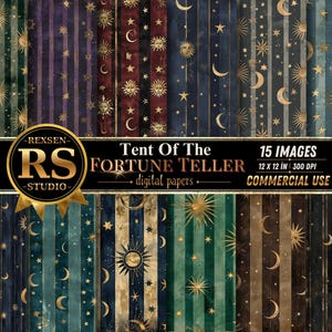 Pode incluir: Uma coleção de 15 papéis digitais intitulada Tent Of The Fortune Teller, com listras verticais e motivos celestiais como sóis, luas e estrelas douradas em fundos escuros de verde, roxo, vermelho, azul e preto, medindo 30,48 x 30,48 cm.