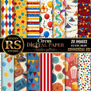 Könnte beinhalten: Eine Sammlung von 20 digitalen Papier-Mustern mit Zirkusmotiven wie gestreiften Stangen, Harlekin-Rauten, Sternen, Luftballons, Zelten, Wimpeln, Popcorn und Tickets. Der Text lautet REXSEN RS STUDIO Circus DIGITAL PAPER 20 IMAGES 30,48 X 30,48 CM 300 DPI.