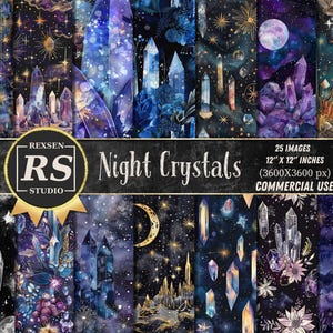 Nachtkristallen digitaal papierpakket, celestial plakboekpagina's, Mystic Crystal-achtergronden JPG PDF, afdrukbare kosmische papierbundel