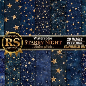 Puede incluir: Una colección de 20 patrones digitales de acuarela sin costuras con estrellas doradas sobre fondos azul oscuro. La banda negra central muestra el texto REXSEN RS STUDIO, Watercolor STARRY NIGHT, 20 IMAGES, 12 X 12 IN, 300 DPI, COMMERCIAL USE.