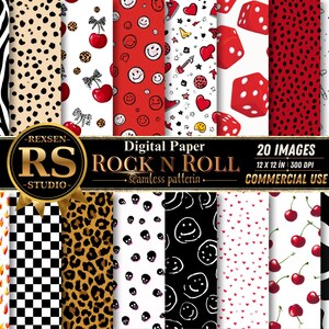 May include: A collection of 20 digital paper seamless patterns featuring rock and roll themes including zebra stripes, leopard spots, cherries, red dice, skulls, flames, checkerboards, cow print, and smiley faces with text reading REXSEN RS STUDIO.